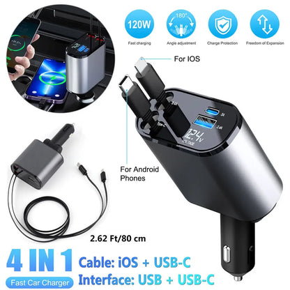 2024 New 120W Car Charger Telescopic Cable 4 in 1