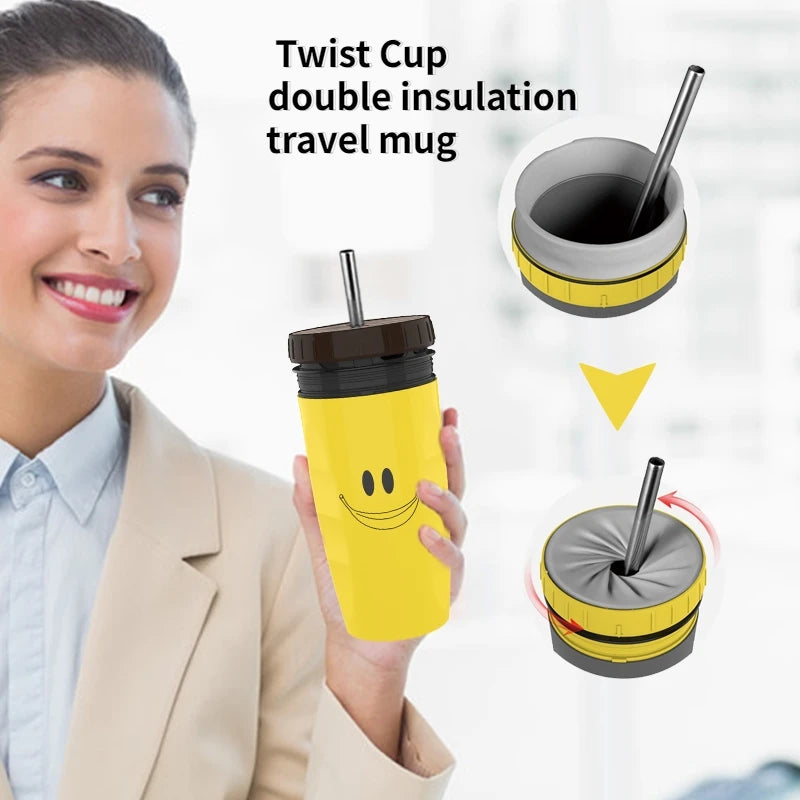 Portable Coffee Cup with Straw, Creative Twist Lid and BPA Free