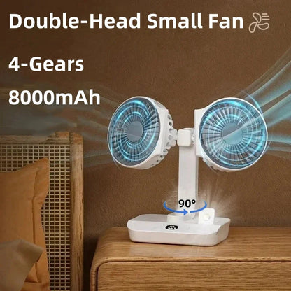 2024 Desktop Double Head Fan 4-Gears Wind Cooling 8000mAh