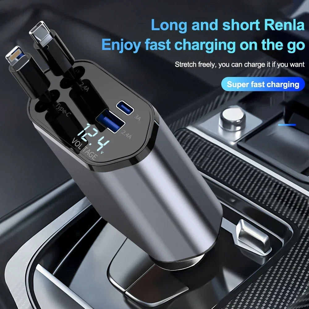 2024 New 120W Car Charger Telescopic Cable 4 in 1