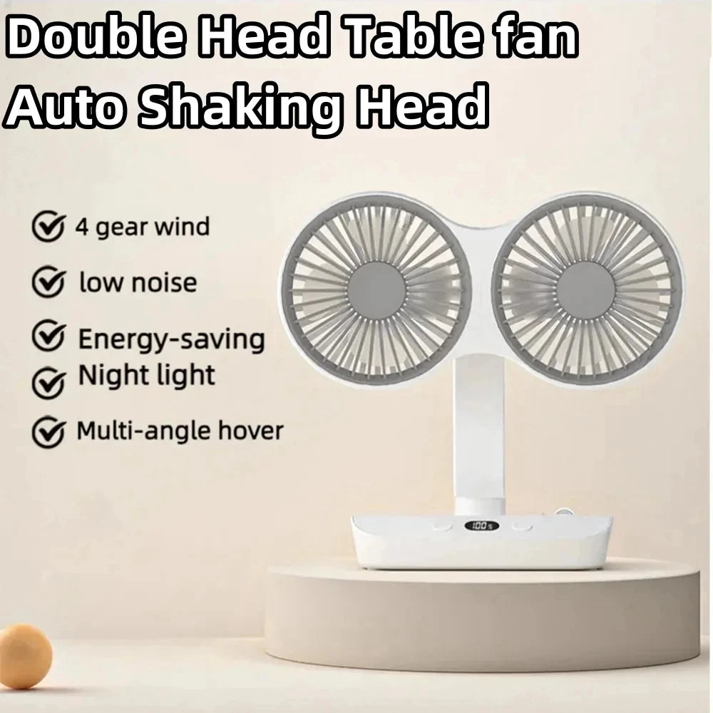 2024 Desktop Double Head Fan 4-Gears Wind Cooling 8000mAh