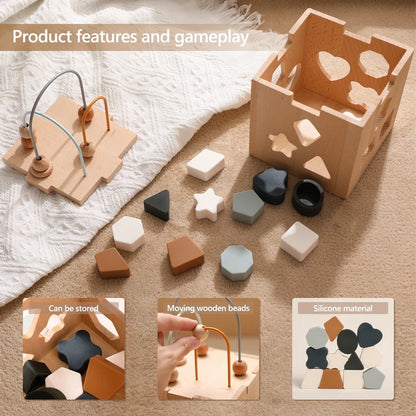 Toy Wooden Activity Cube with Geometric Shape Blocks