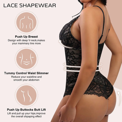 V-Neck Lace Bodysuit Tummy Control Shaper