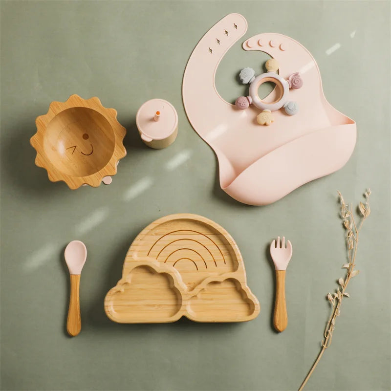 Baby Bamboo Wooden Tableware Set - Clouds Dinner Plate & Sun Bowl