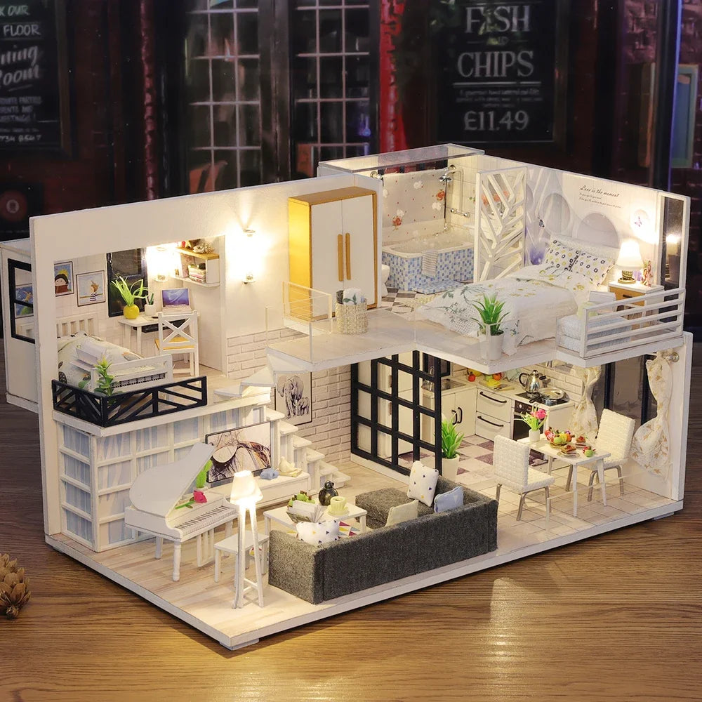 DIY Wooden Dollhouse Kit with LED Lights