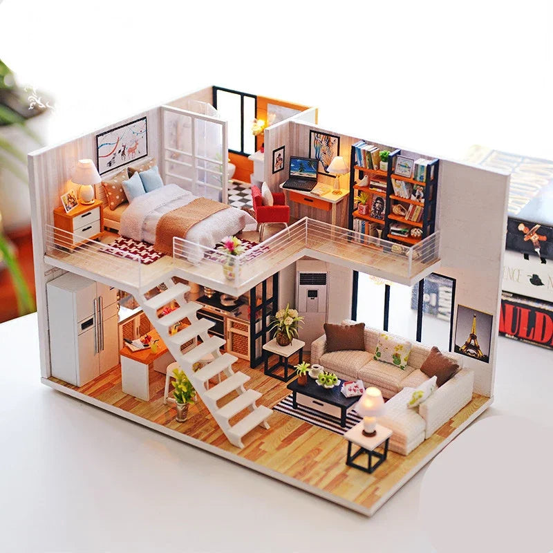 DIY Wooden Dollhouse Kit with LED Lights