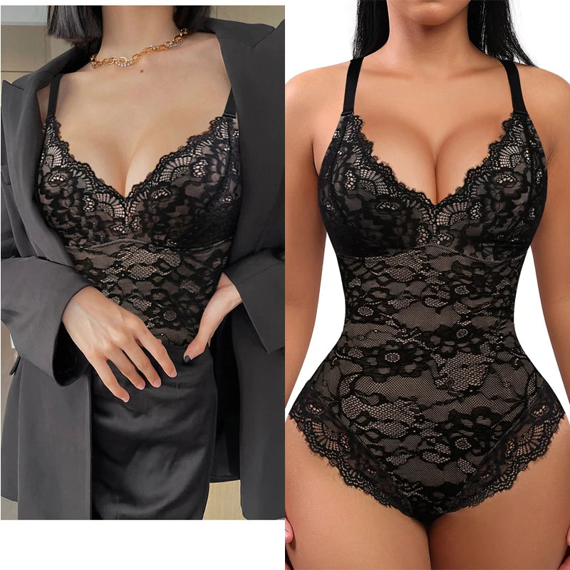 V-Neck Lace Bodysuit Tummy Control Shaper