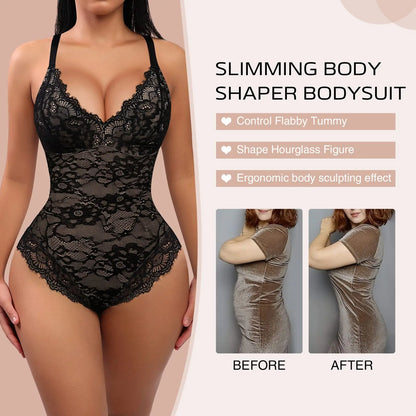 V-Neck Lace Bodysuit Tummy Control Shaper