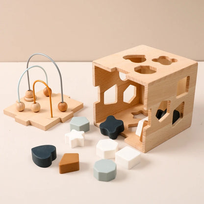 Toy Wooden Activity Cube with Geometric Shape Blocks