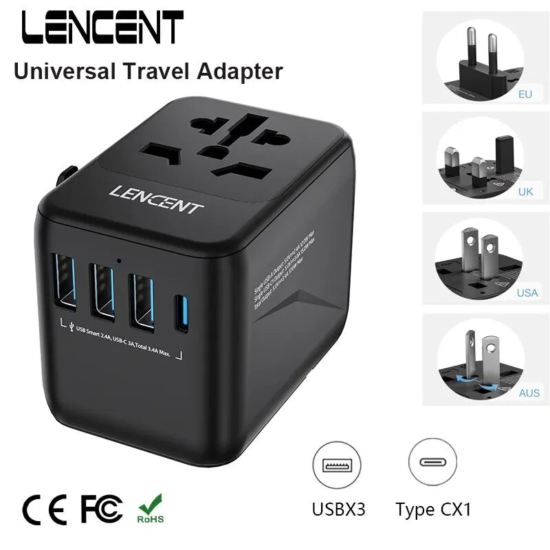 LENCENT Universal Travel Adapter 3 USB Ports 1Type-C PD Charging All-in-one EU/UK/USA/AUS Plug